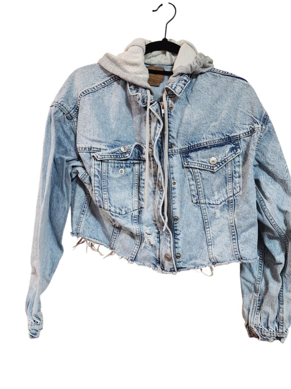 American Eagle Cropped Full Zip Hooded Denim Jean Jacket Womens Size Small